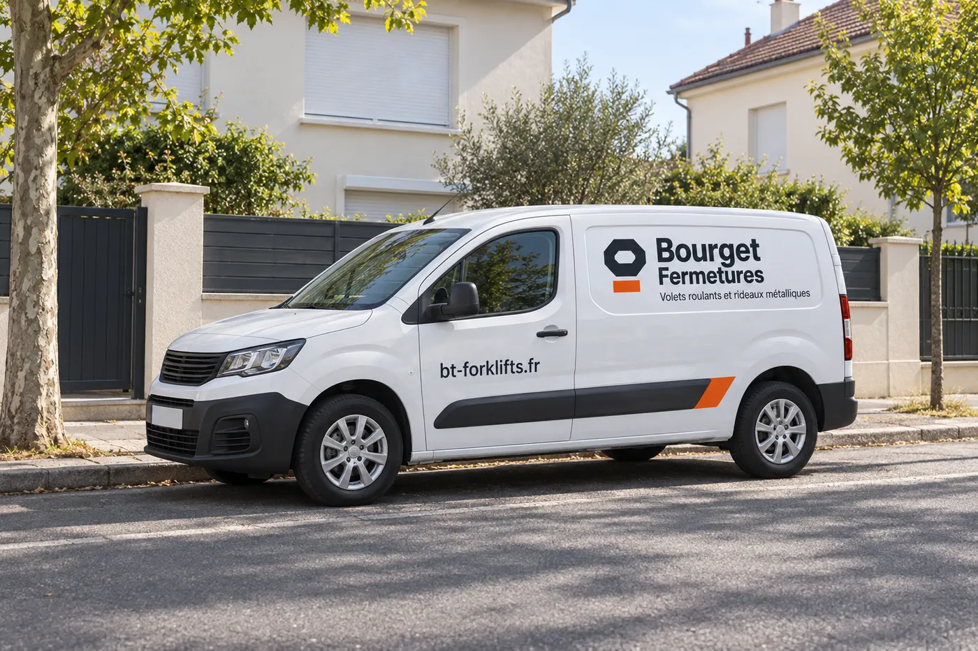 Utilitaire blanc aux couleurs de Bourget Fermetures, avec l'adresse bt-forklifts.fr, garé dans une rue pavillonnaire